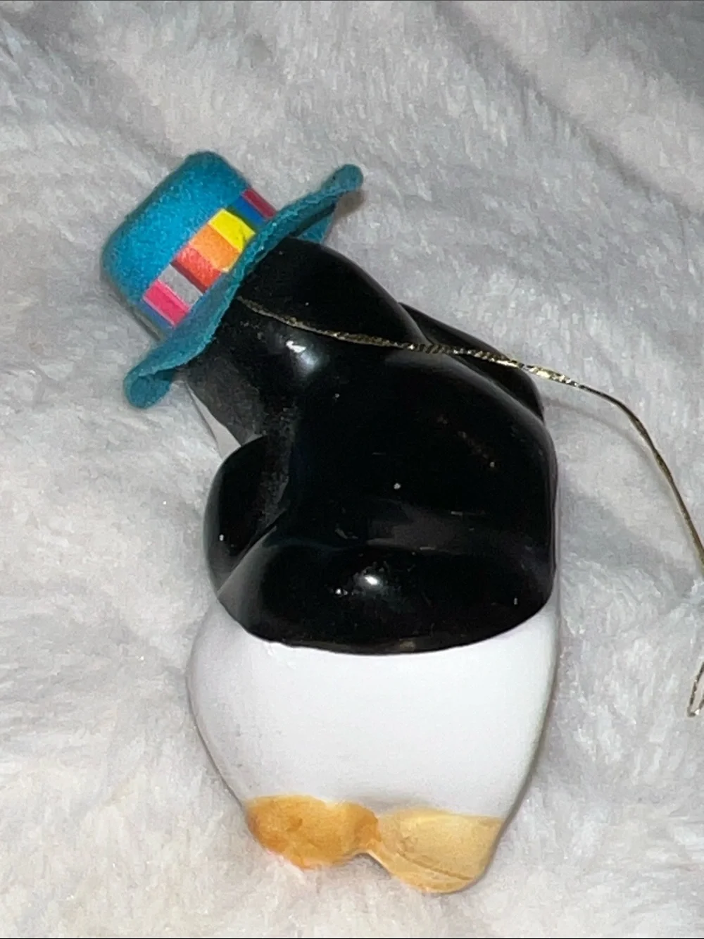 Vintage 1980s Ceramic Lounging Penguin Figurine Rainbow Top Hat Kitsch